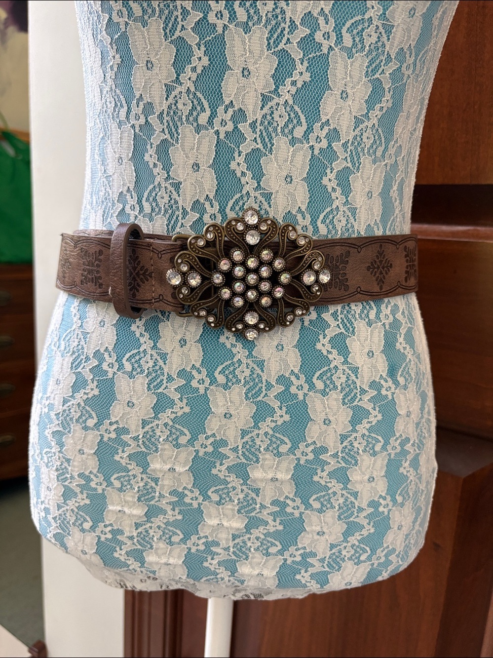 Belt  Brown faux leather /stamped motifs lightweight ornate rhinestone buckle